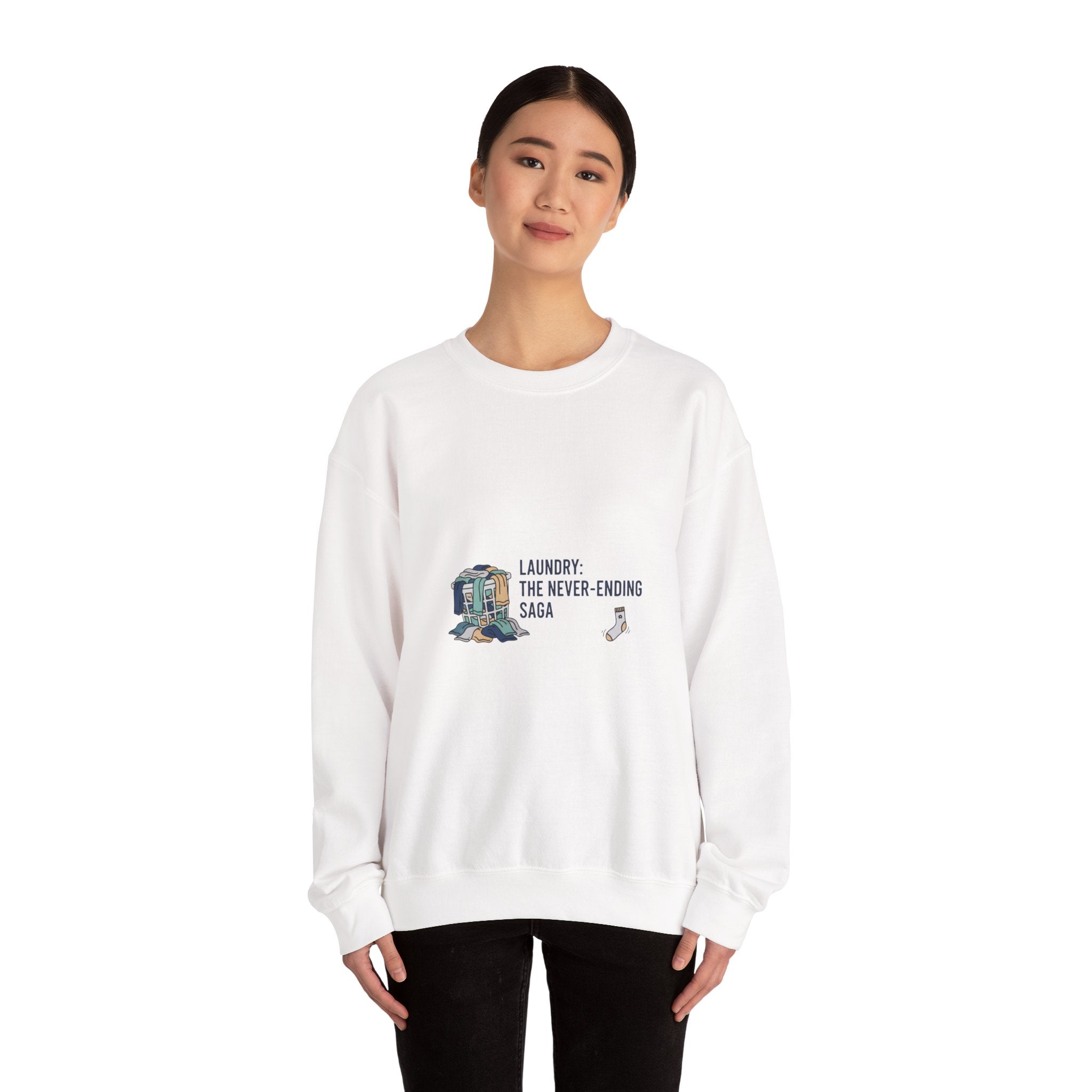 Laundry: The Never-Ending Saga Crewneck | laundry pile humor, washing machine meme