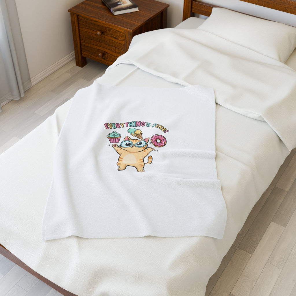 Everything's Fine Cat, Velveteen Plush Blanket | cute irony, whimsical weird