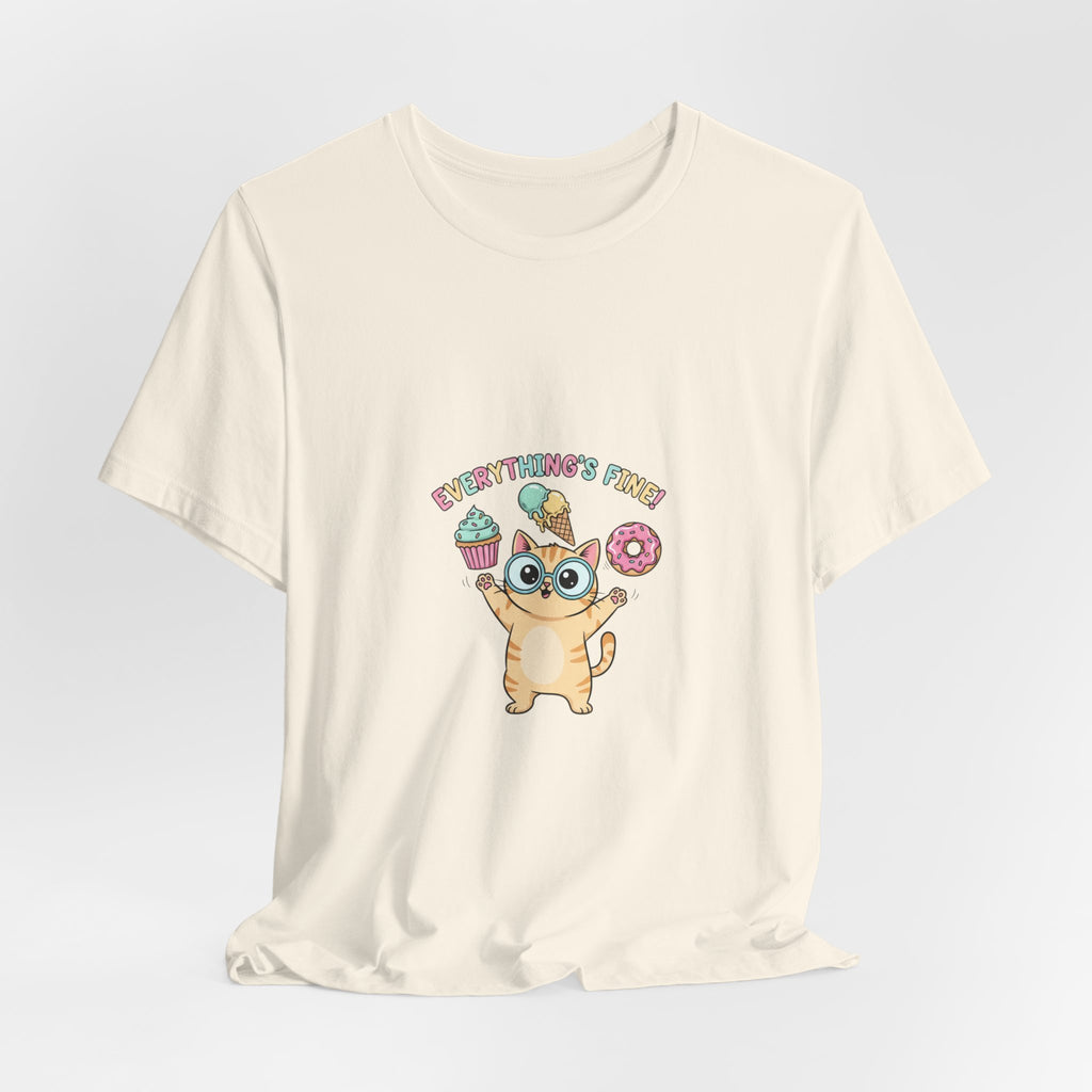 Absurd Cute Cat with Donut & Cupcake Tee | mildly unhinged, chaotic kawaii