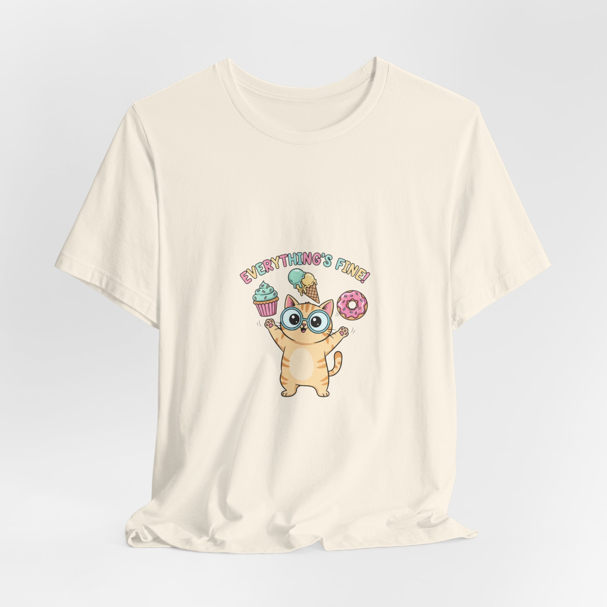 Absurd Cute Cat with Donut & Cupcake Tee | mildly unhinged, chaotic kawaii