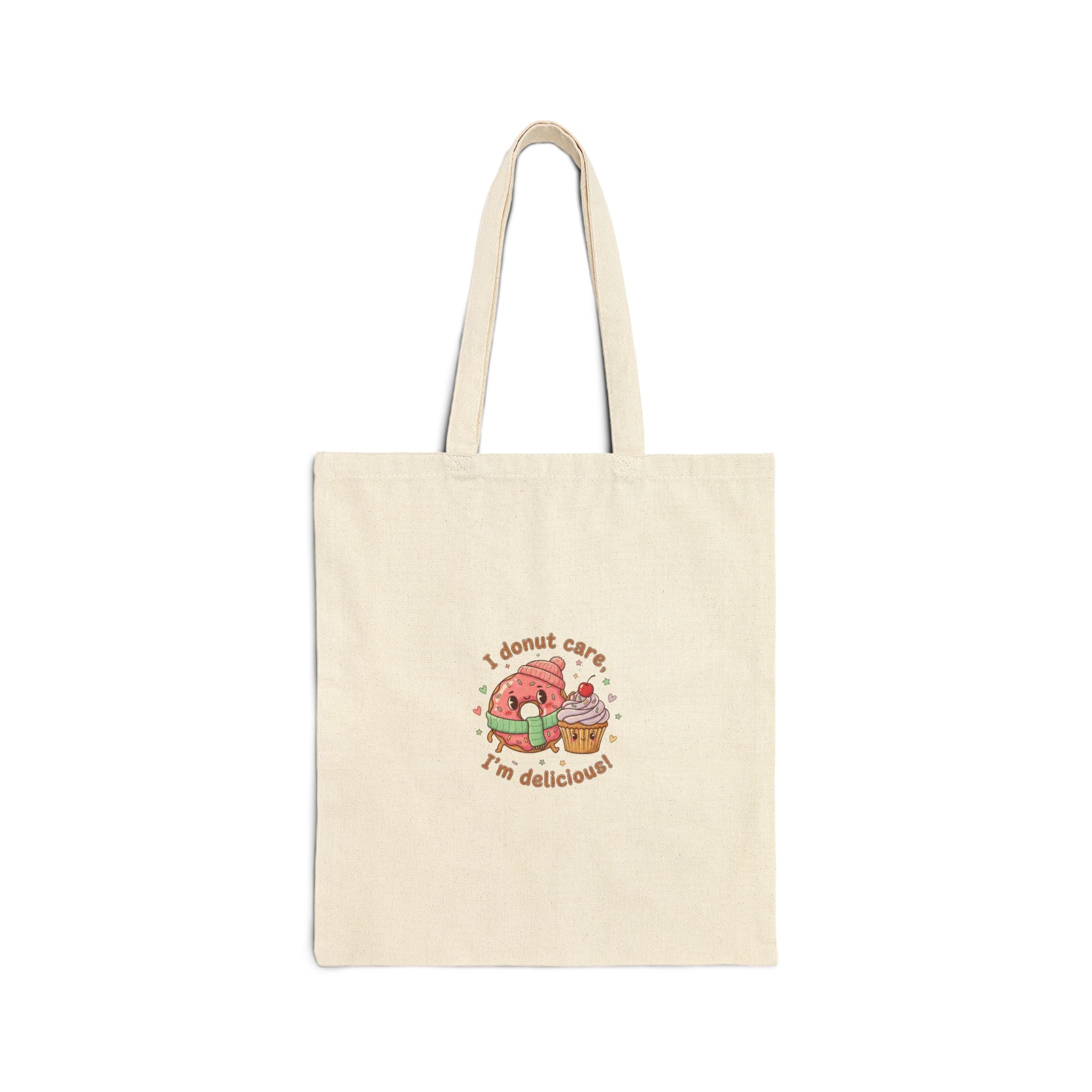 I Donut Care I’m Delicious Tote, food pun tote, cute pastry illustration