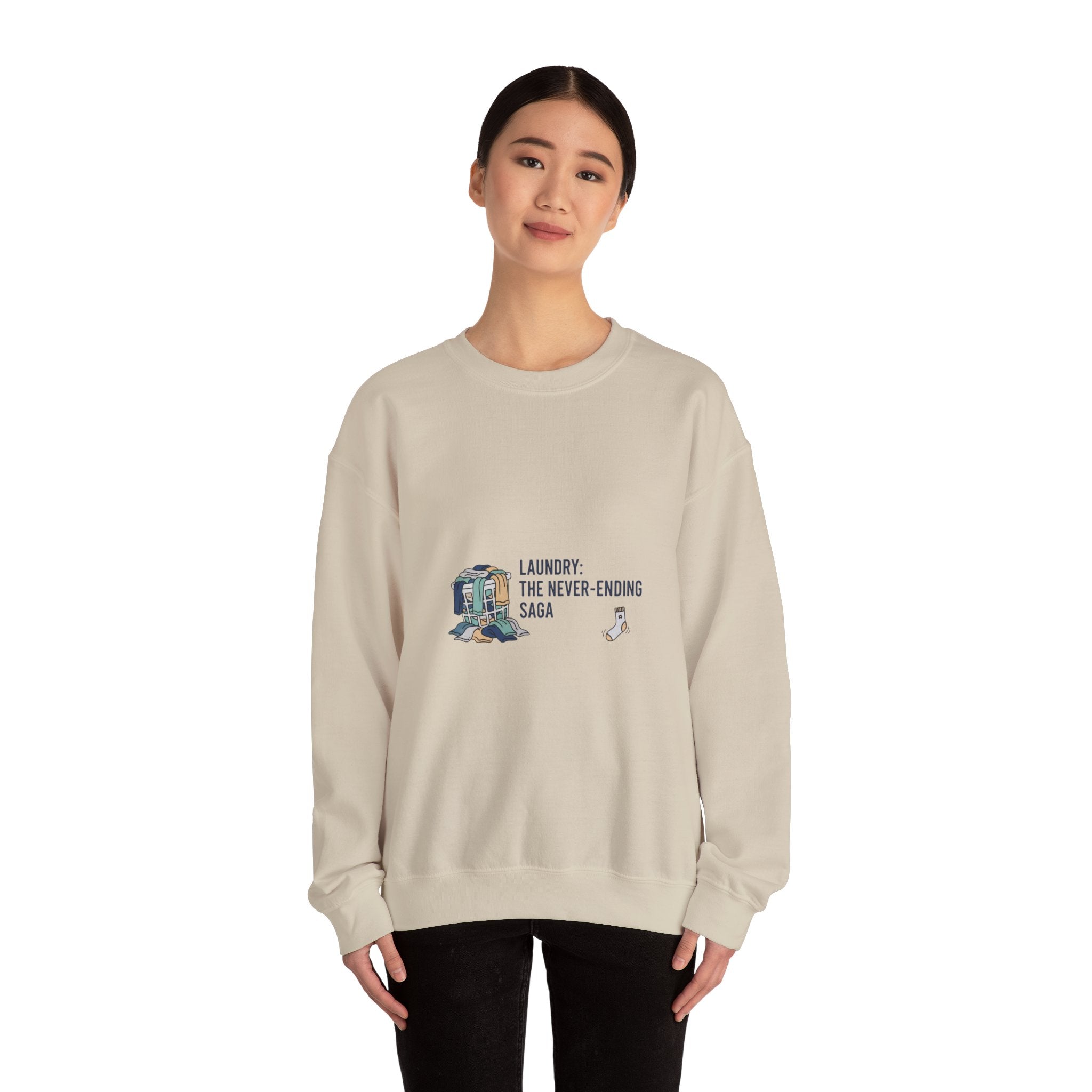 Laundry: The Never-Ending Saga Crewneck | laundry pile humor, washing machine meme