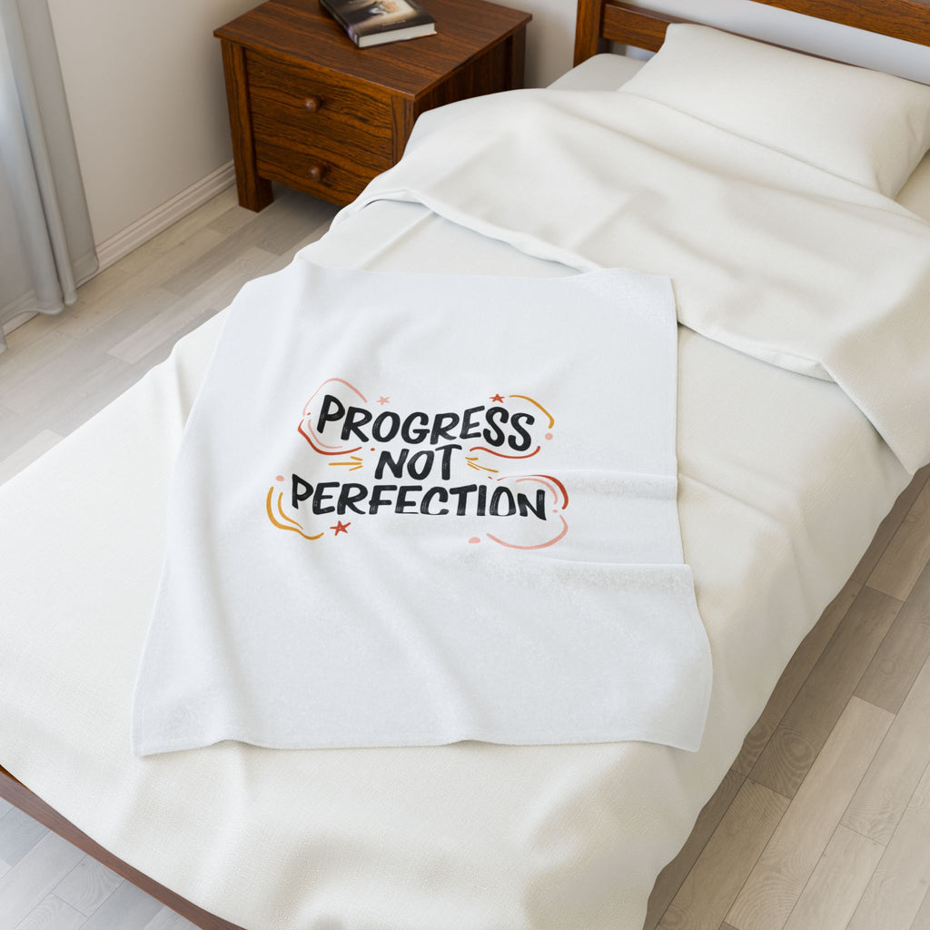 Progress Not Perfection Velveteen Plush Blanket | Handwritten Marker Brush Script, Casual Motivational Throw