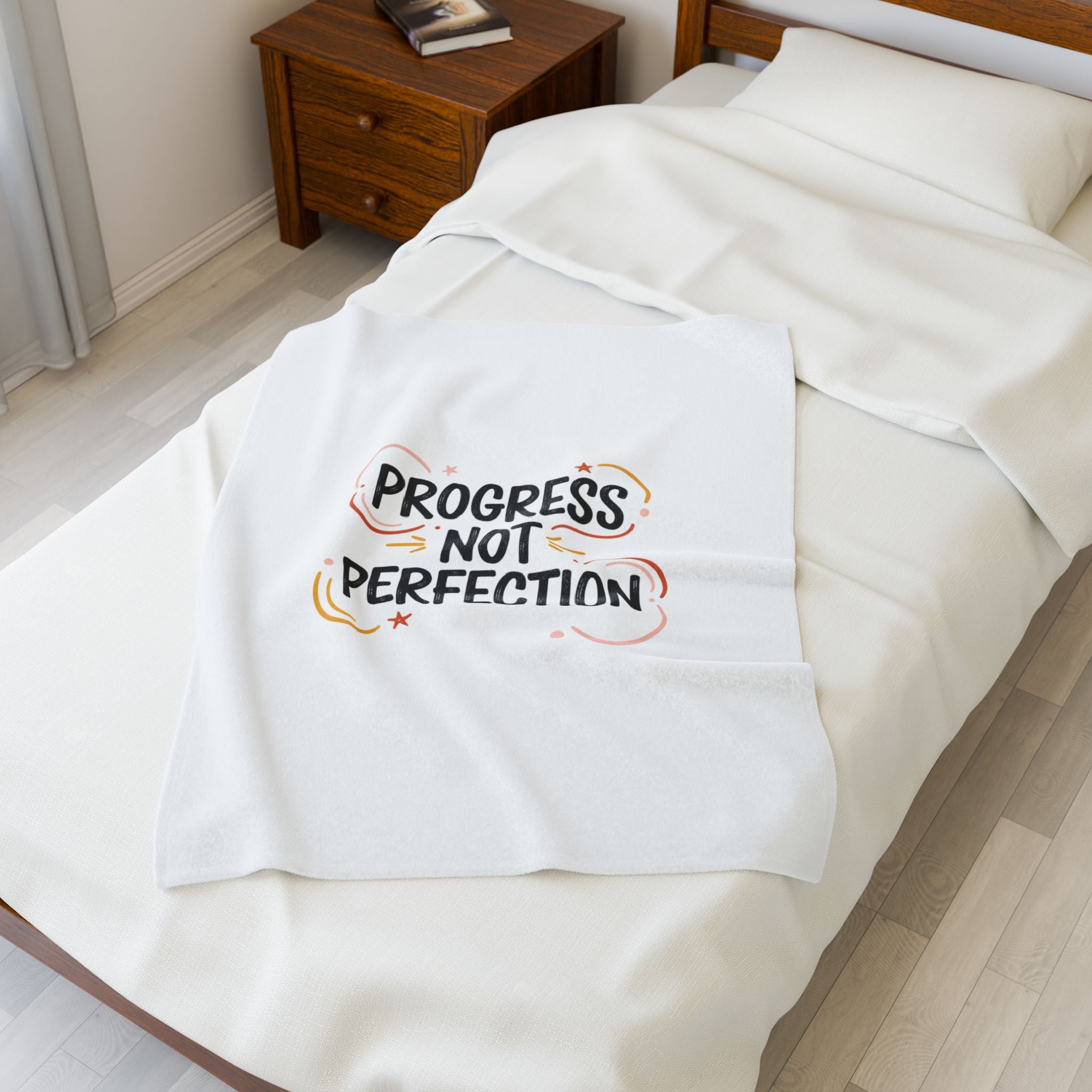 Progress Not Perfection Velveteen Plush Blanket | Handwritten Marker Brush Script, Casual Motivational Throw
