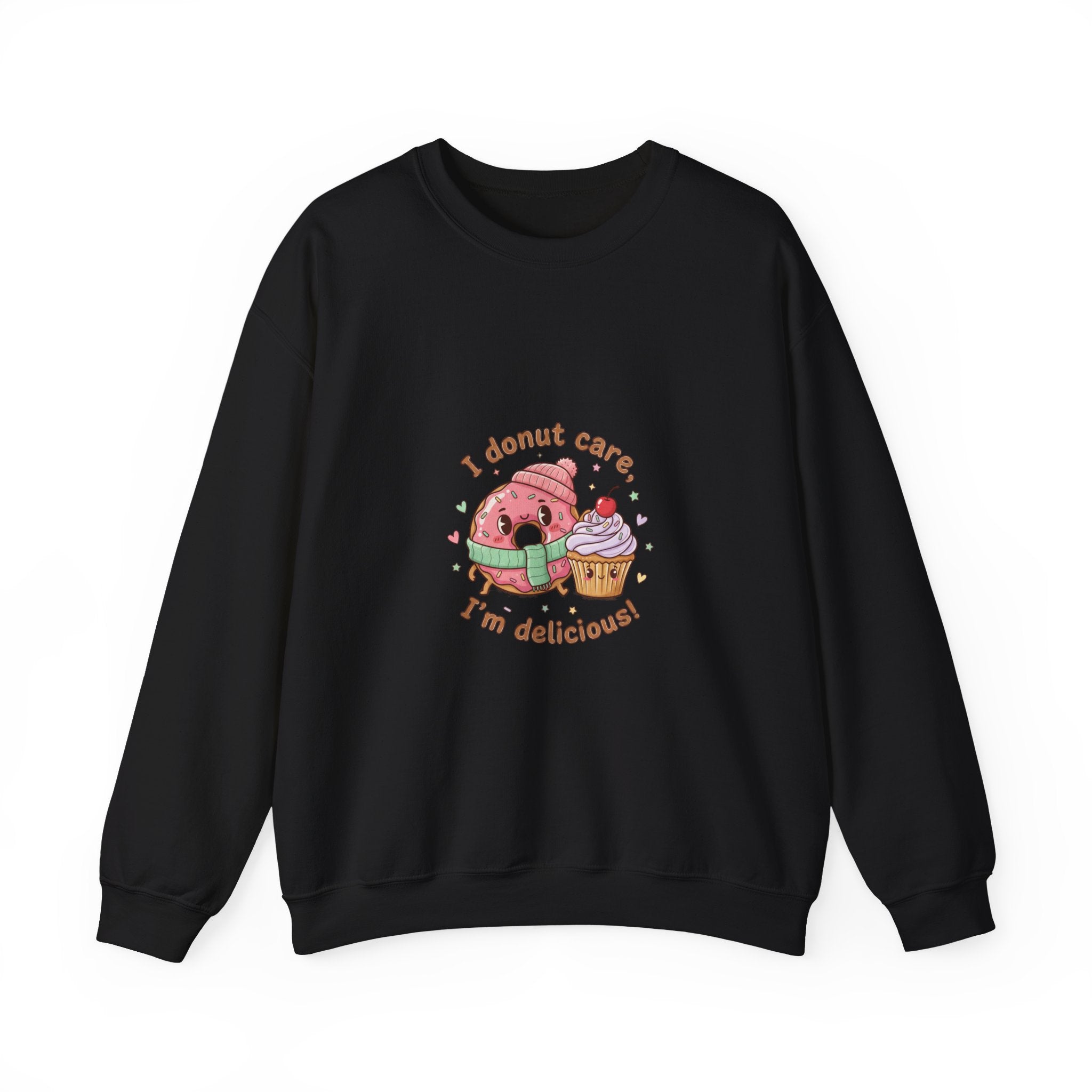 Donut Care I’m Delicious Sweatshirt | food pun cartoon, cozy snack humor