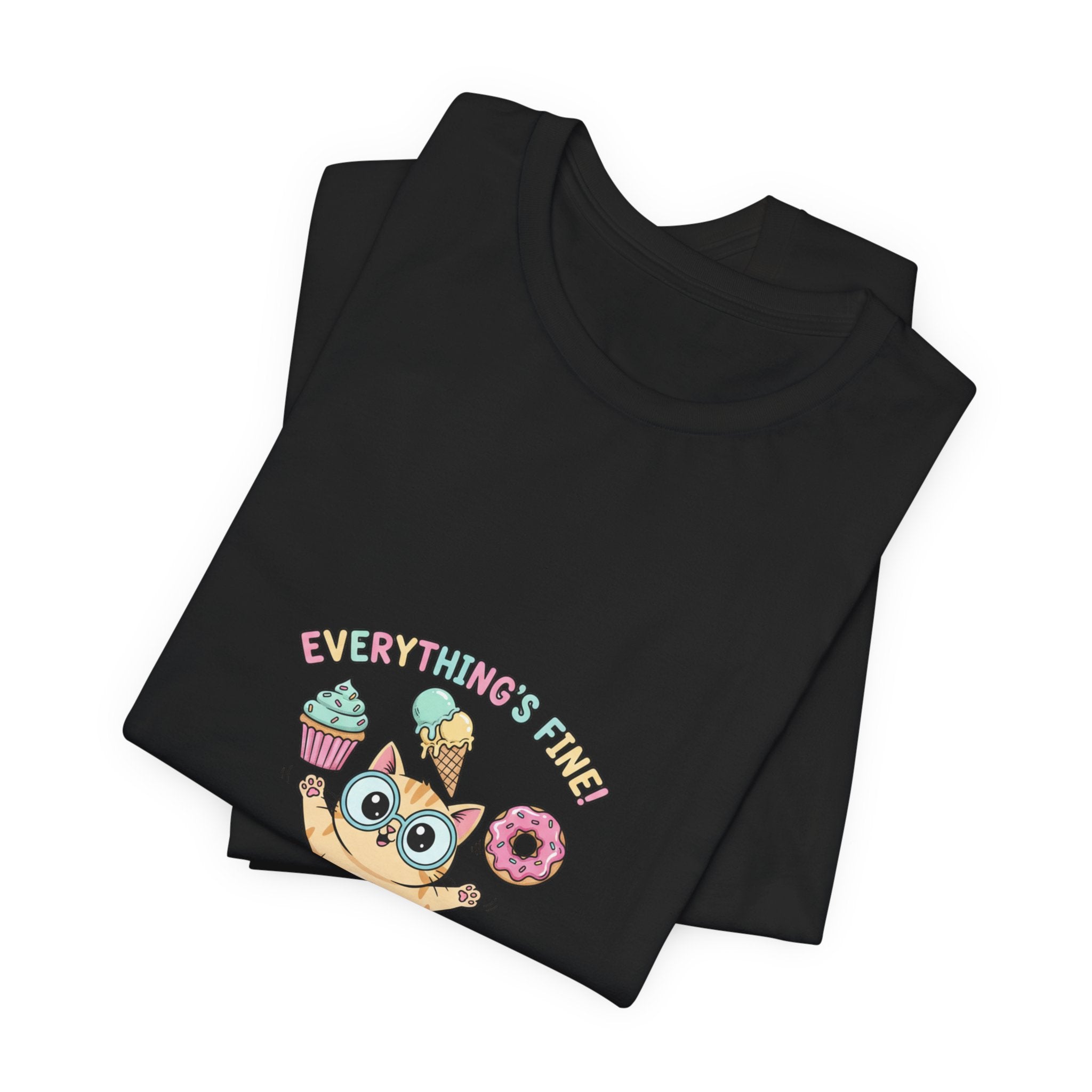 Absurd Cute Cat with Donut & Cupcake Tee | mildly unhinged, chaotic kawaii