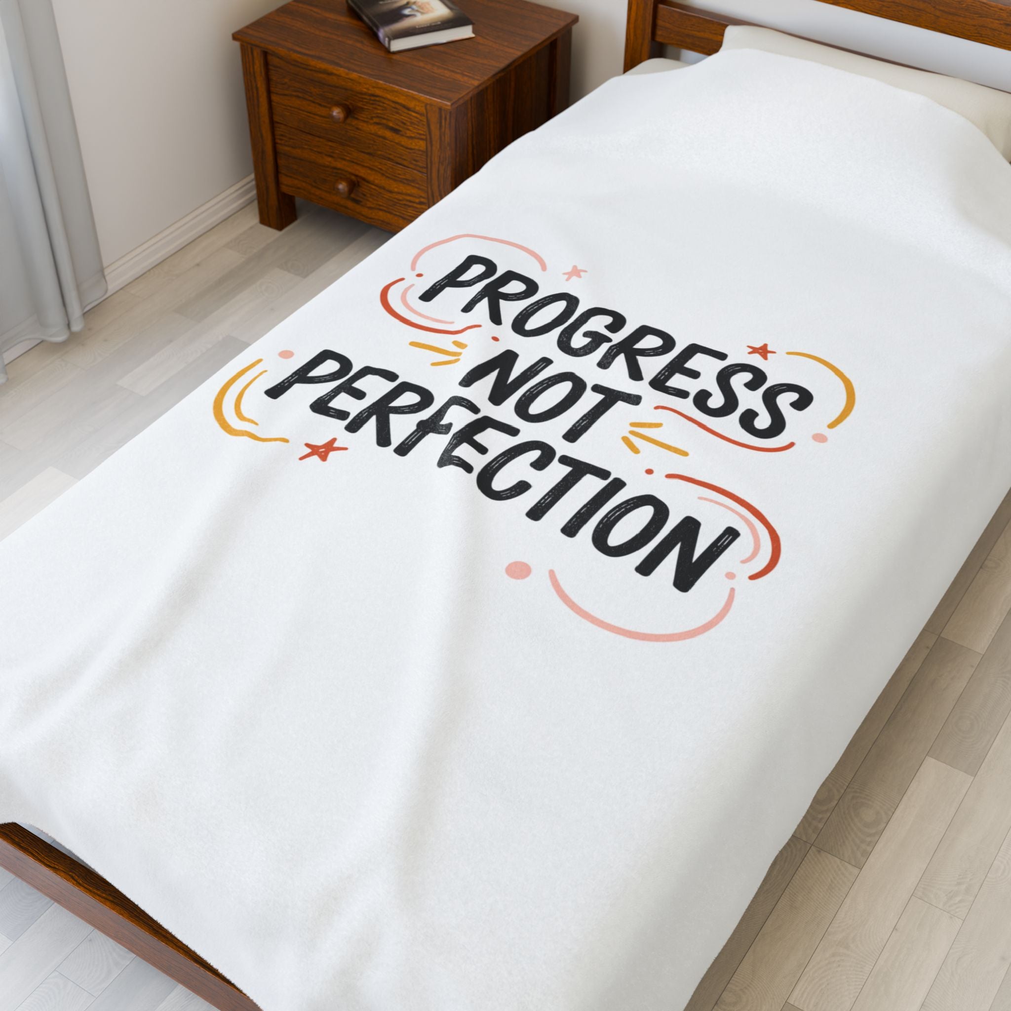 Progress Not Perfection Velveteen Plush Blanket | Handwritten Marker Brush Script, Casual Motivational Throw