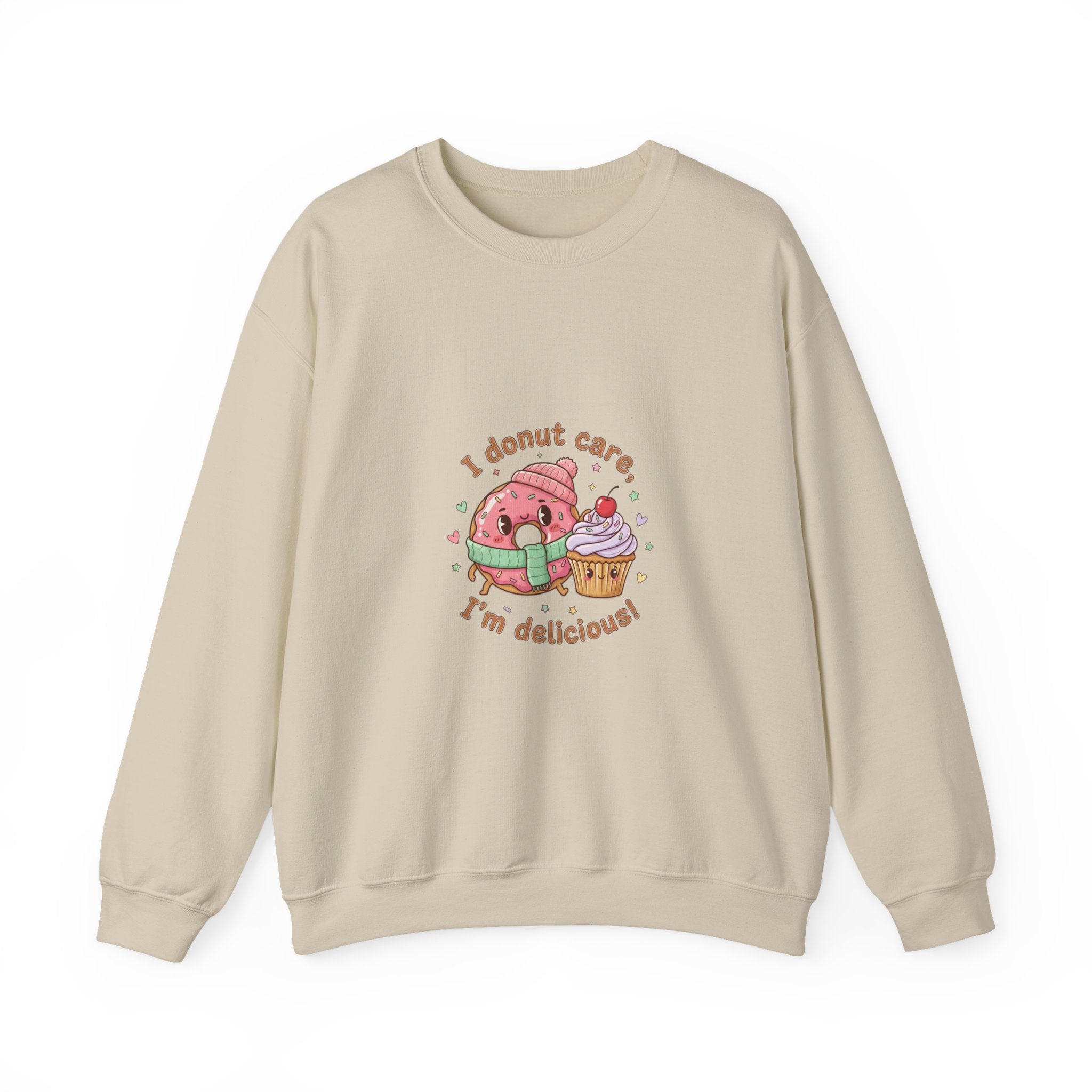 Donut Care I’m Delicious Sweatshirt | food pun cartoon, cozy snack humor