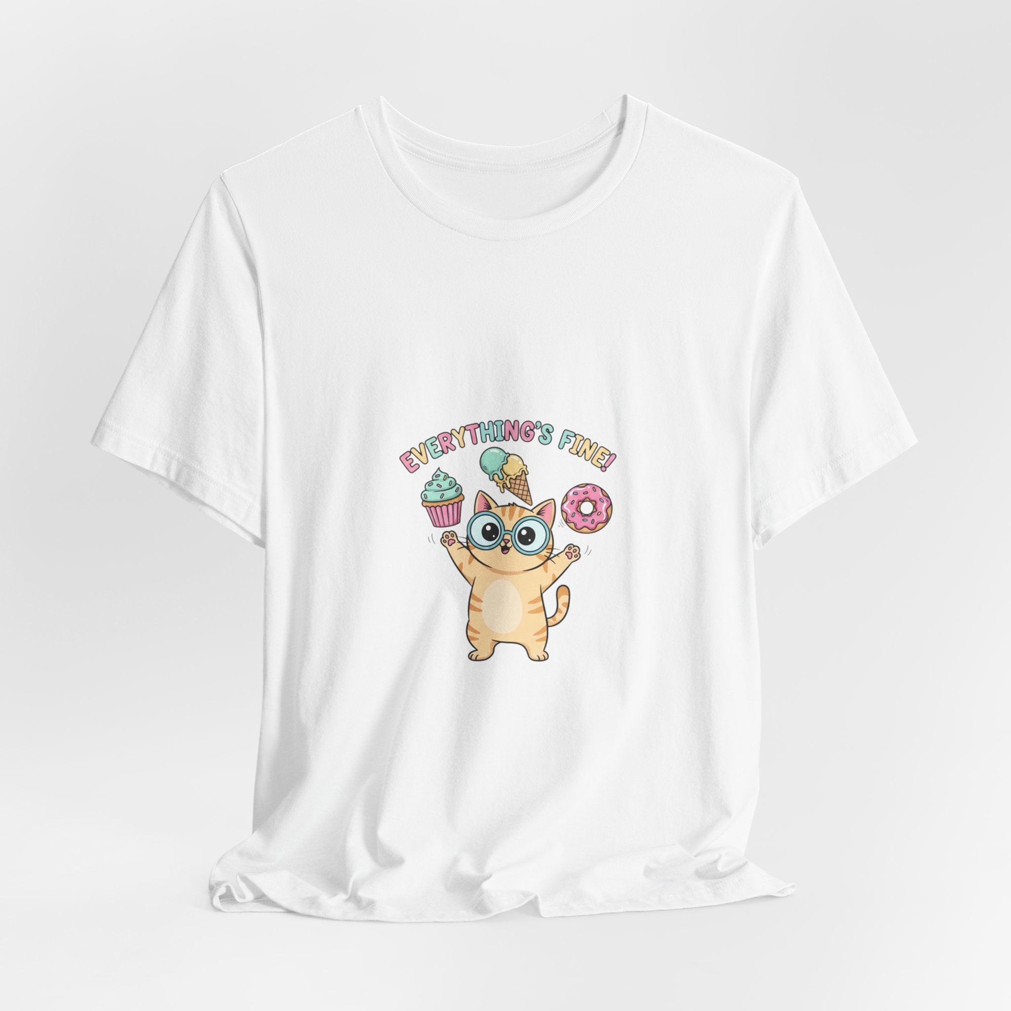 Absurd Cute Cat with Donut & Cupcake Tee | mildly unhinged, chaotic kawaii