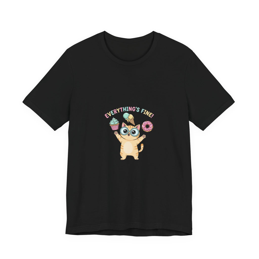 Absurd Cute Cat with Donut & Cupcake Tee | mildly unhinged, chaotic kawaii