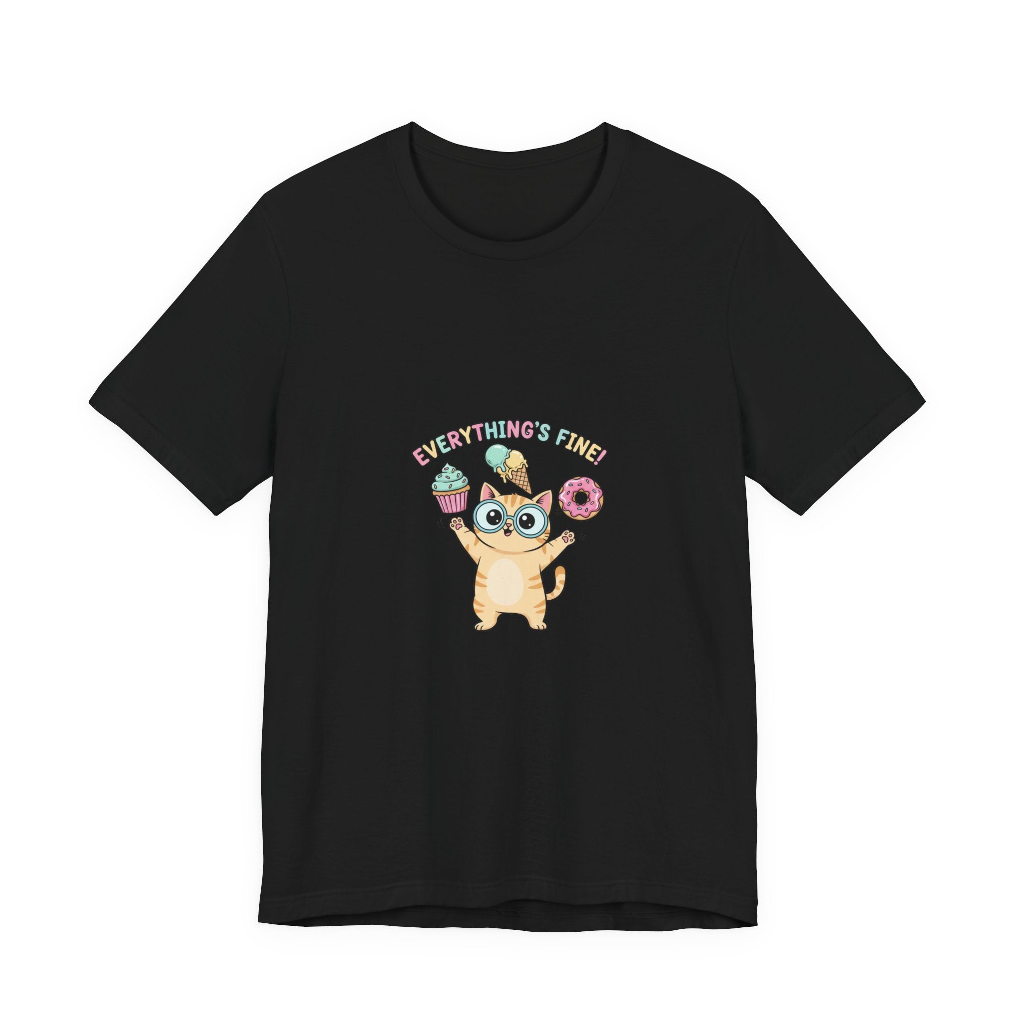 Absurd Cute Cat with Donut & Cupcake Tee | mildly unhinged, chaotic kawaii