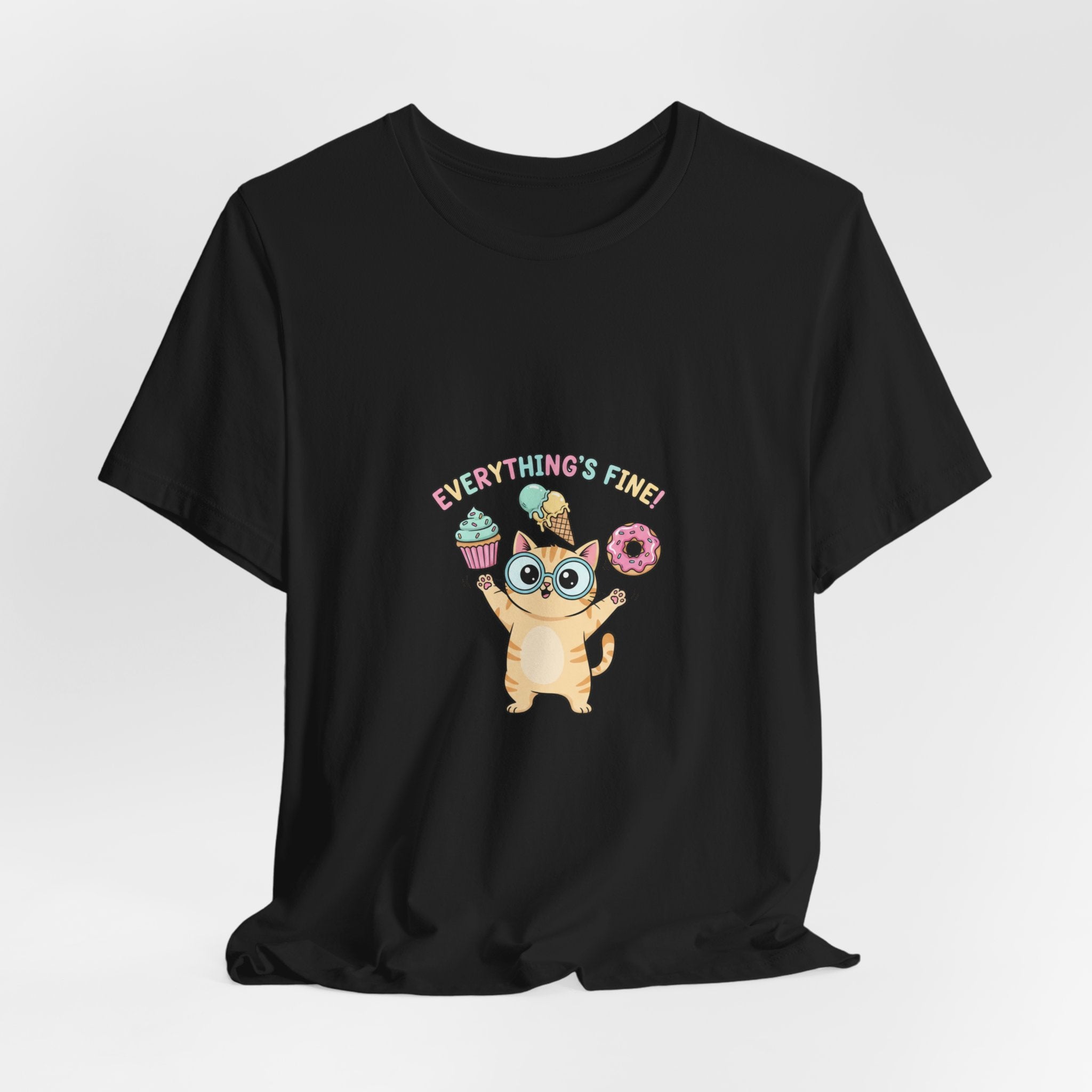 Absurd Cute Cat with Donut & Cupcake Tee | mildly unhinged, chaotic kawaii