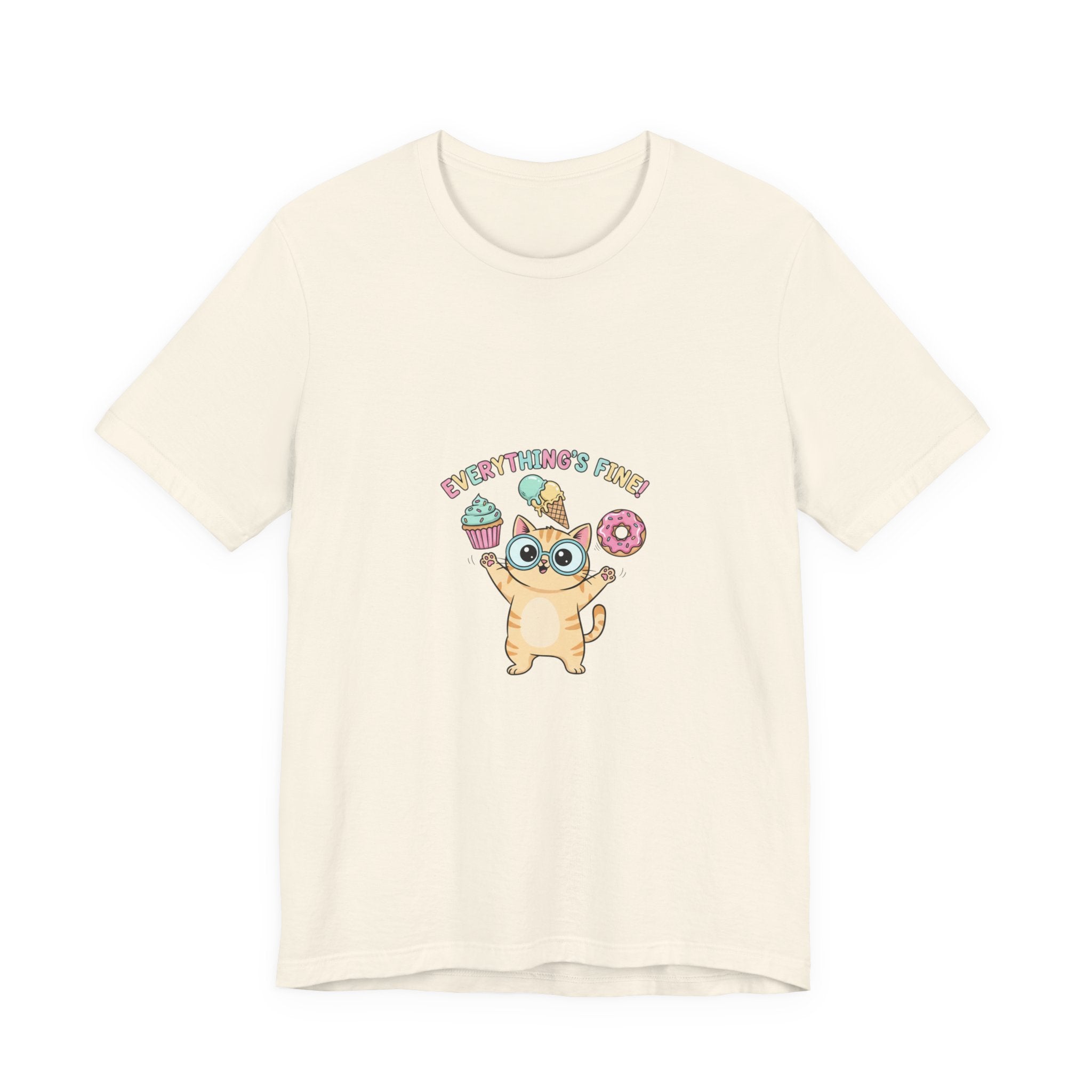 Absurd Cute Cat with Donut & Cupcake Tee | mildly unhinged, chaotic kawaii