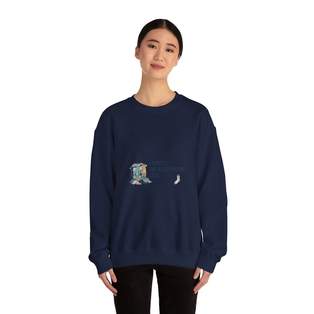 Laundry: The Never-Ending Saga Crewneck | laundry pile humor, washing machine meme