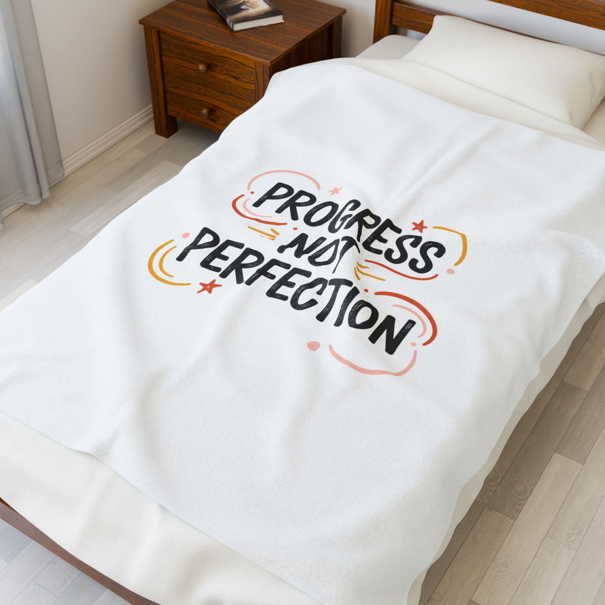 Progress Not Perfection Velveteen Plush Blanket | Handwritten Marker Brush Script, Casual Motivational Throw