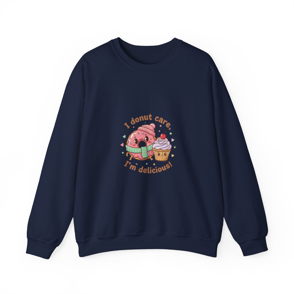 Donut Care I’m Delicious Sweatshirt | food pun cartoon, cozy snack humor
