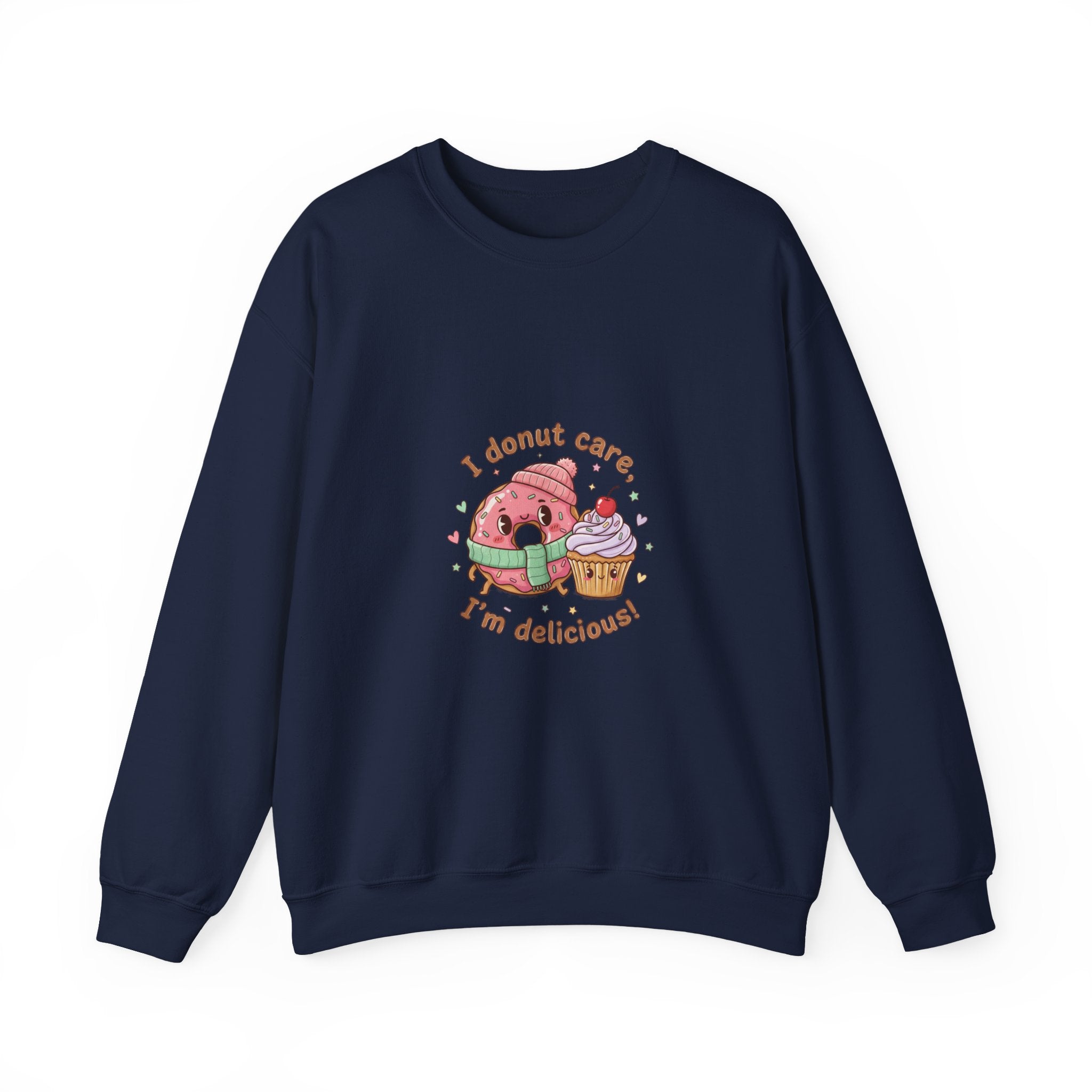 Donut Care I’m Delicious Sweatshirt | food pun cartoon, cozy snack humor