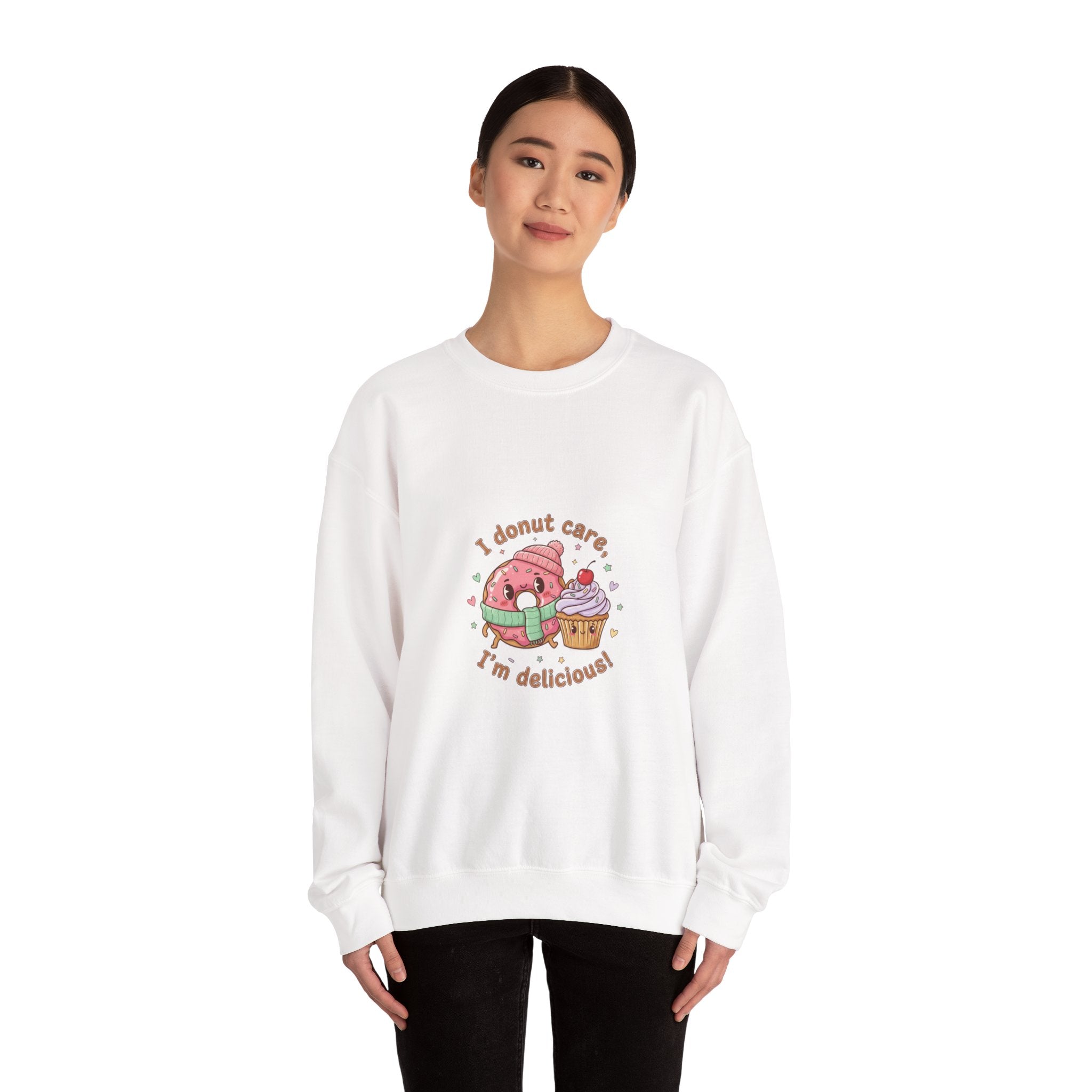 Donut Care I’m Delicious Sweatshirt | food pun cartoon, cozy snack humor