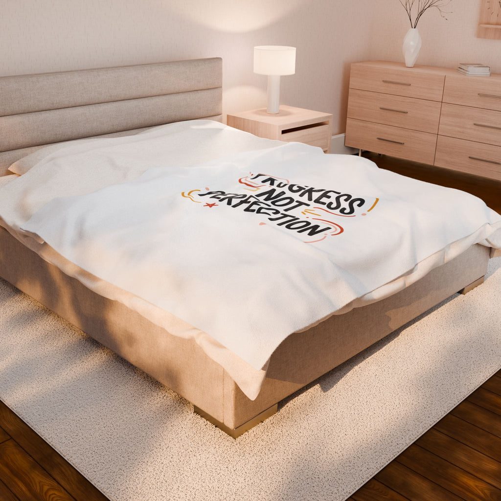 Progress Not Perfection Velveteen Plush Blanket | Handwritten Marker Brush Script, Casual Motivational Throw
