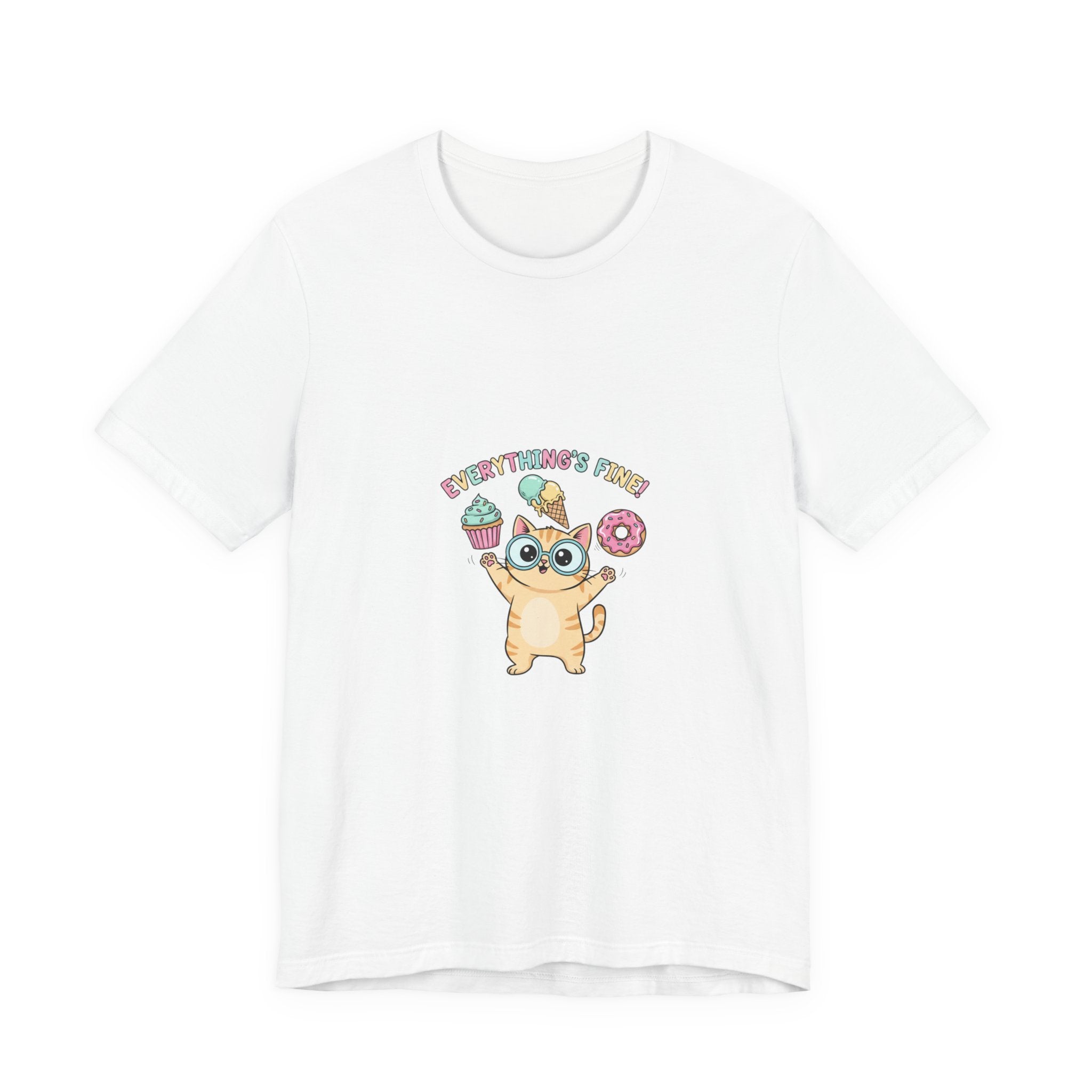 Absurd Cute Cat with Donut & Cupcake Tee | mildly unhinged, chaotic kawaii