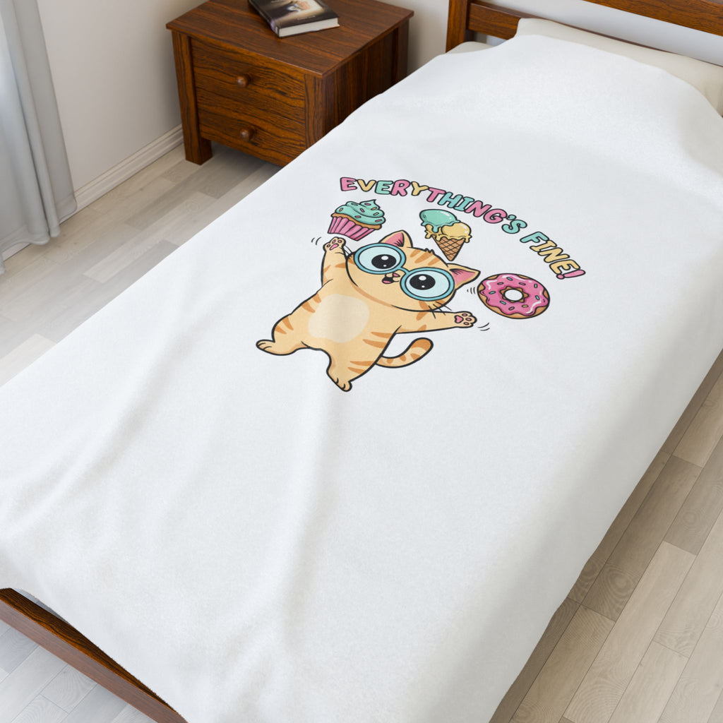 Everything's Fine Cat, Velveteen Plush Blanket | cute irony, whimsical weird