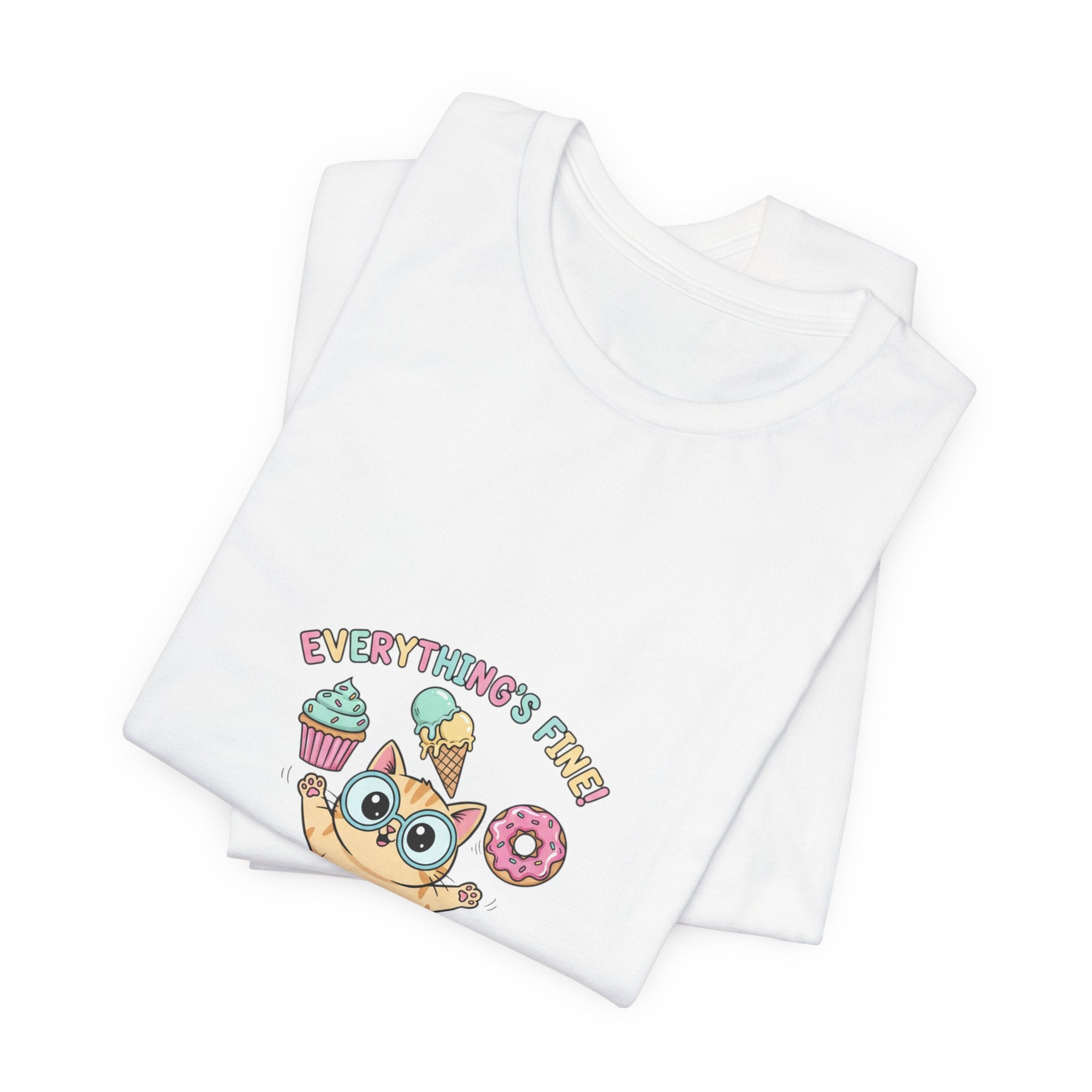 Absurd Cute Cat with Donut & Cupcake Tee | mildly unhinged, chaotic kawaii