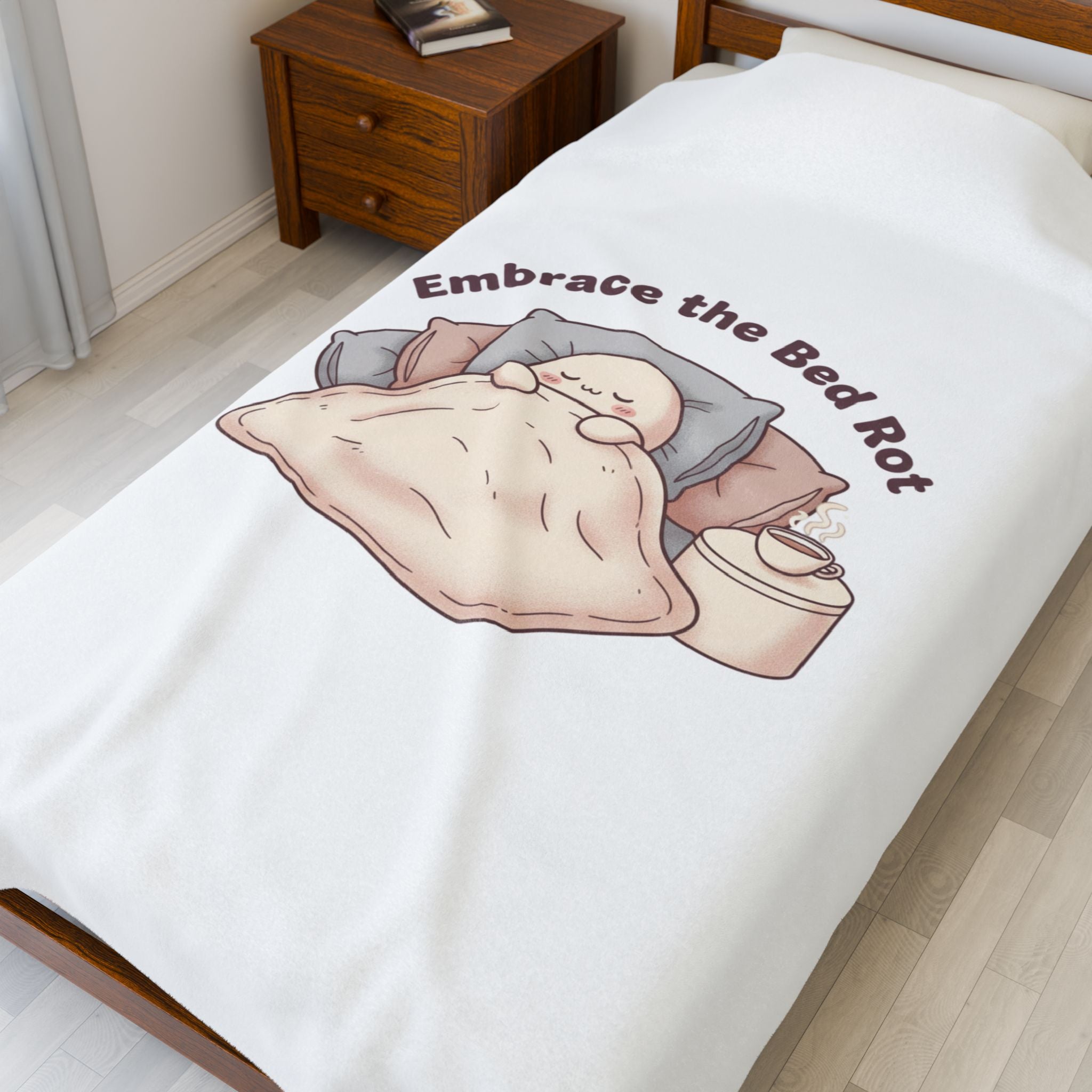 Embrace the Bed Rot Velveteen Plush Blanket, sleepy humor, nap club