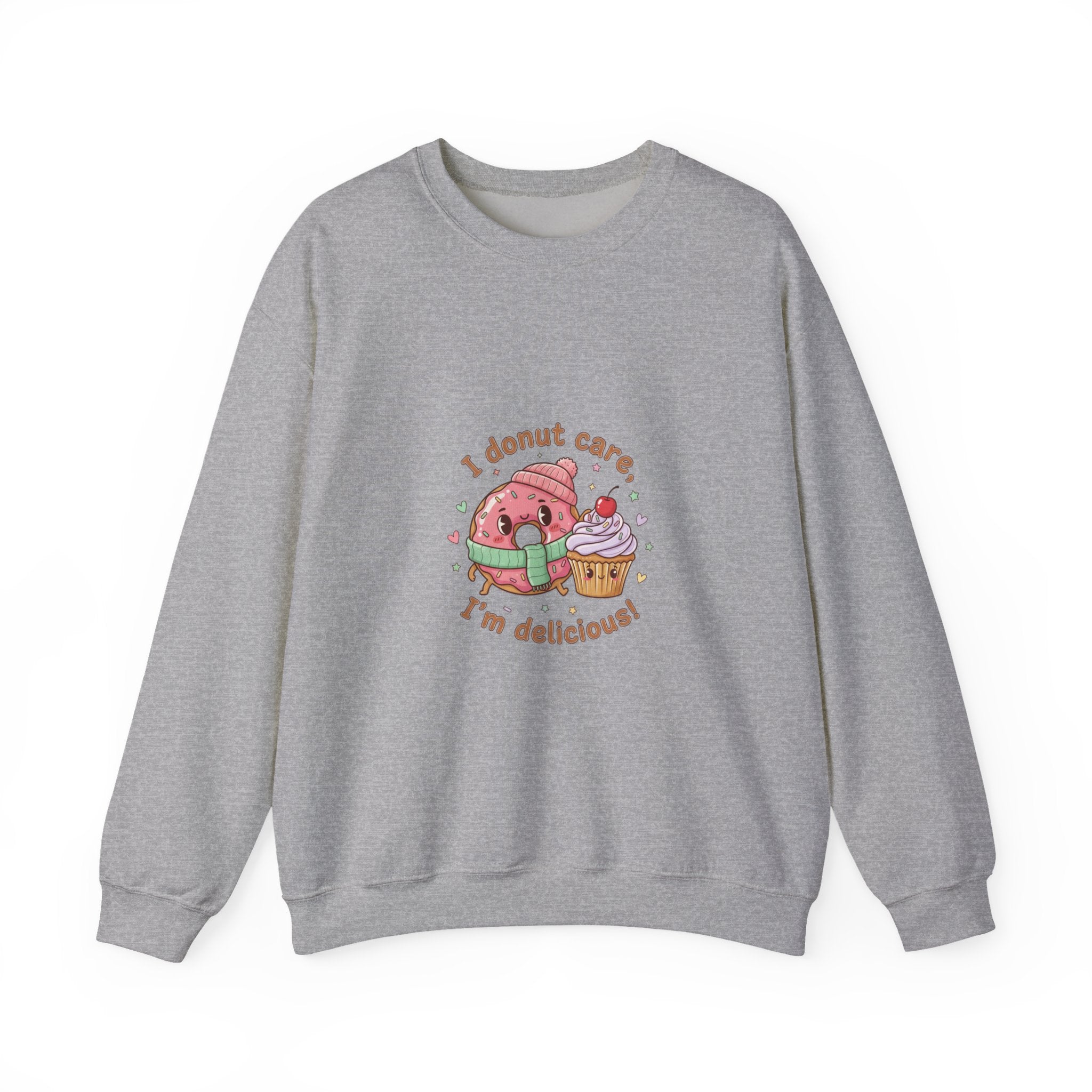 Donut Care I’m Delicious Sweatshirt | food pun cartoon, cozy snack humor