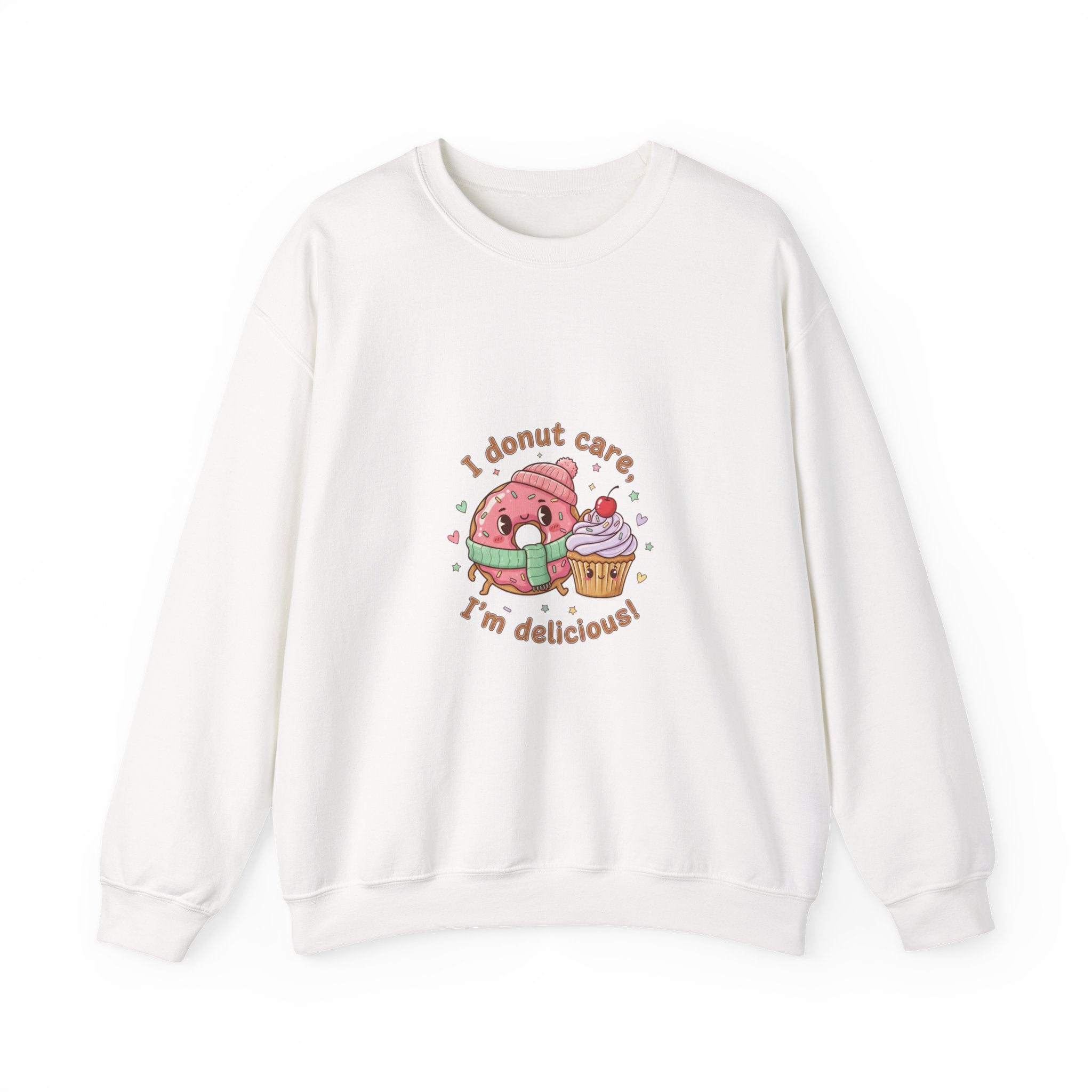 Donut Care I’m Delicious Sweatshirt | food pun cartoon, cozy snack humor