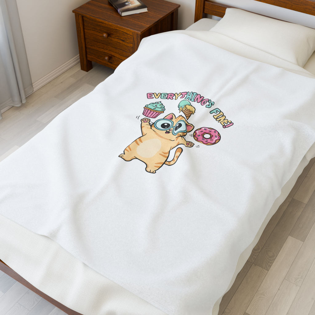 Everything's Fine Cat, Velveteen Plush Blanket | cute irony, whimsical weird